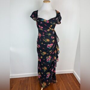 Staud Floral Print Ruched Midi Dress Black Size S
